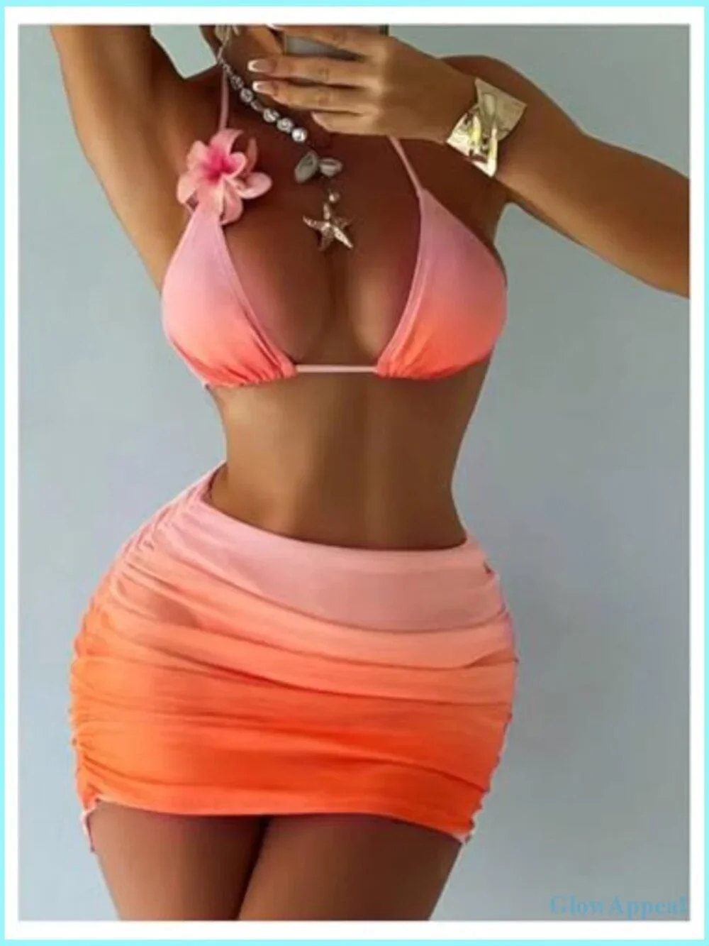 3 Piece Floral Ombre Halter Triangle Bikini Set with Swim Skirt Cover Up